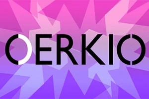 Teksten OERKIO i svart på en fargerik bakgrunn med rosa og lilla stjernelignende former