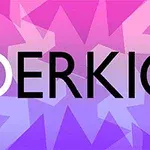 Teksten OERKIO i svart på en fargerik bakgrunn med rosa og lilla stjernelignende former
