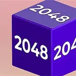 En lilla kube med tallet 2048 på alle synlige sider mot en gradient bakgrunn