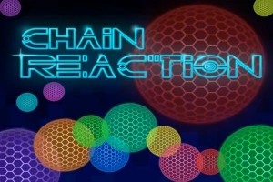 Teksten Chain Reaction i blå neonstil med fargerike, sekskantede mønstrede sirkler i bakgrunnen