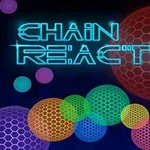 Teksten Chain Reaction i blå neonstil med fargerike, sekskantede mønstrede sirkler i bakgrunnen