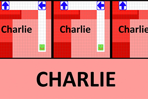Teksten Charlie gjentas flere ganger i et rutet rødt og rosa mønster med piler i blått og hvitt