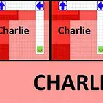 Teksten Charlie gjentas flere ganger i et rutet rødt og rosa mønster med piler i blått og hvitt