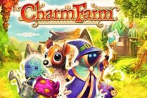 Charm Farm Fargerik illustrasjon med fantasivesener i en magisk landsby omgitt av frodig natur