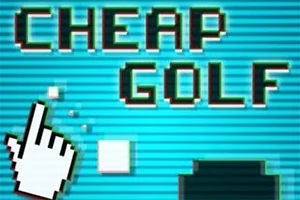 Tekst CHEAP GOLF i pikselert stil med en datamarkør-hånd, på en stripete blå bakgrunn