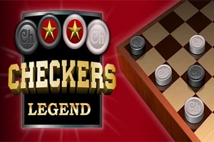 Et sjakkbrett med sjetonger i grått og hvitt, ved siden av tekst med ordet Checkers Legend på rød bakgrunn
