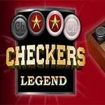 Et sjakkbrett med sjetonger i grått og hvitt, ved siden av tekst med ordet Checkers Legend på rød bakgrunn