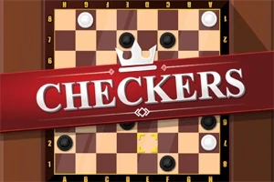 Et brettspill med svarte og hvite brikker på et sjakkmønstret brett, med en rød banner over midten med teksten CHECKERS