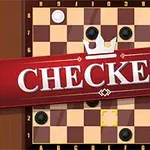 Et brettspill med svarte og hvite brikker på et sjakkmønstret brett, med en rød banner over midten med teksten CHECKERS