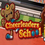Tegneseriestil illustrasjon av en heiagjengjente med gule pomponger og en bamse i en uniform, med en sportsbane i bakgrunnen