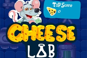 En tegneseriemus med briller og teksten Cheese Lab på en blå bakgrunn