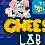 En tegneseriemus med briller og teksten Cheese Lab på en blå bakgrunn