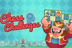 En tegneseriefigur i kongelig drakt hever armene foran et blått rutet bakteppe, med en plakat der det står Chess Challenges og et puslespillnett ved siden av