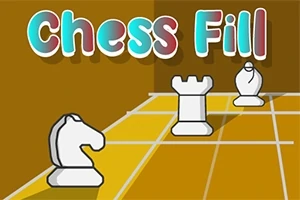 Bilde med sjakkbrikker, inkludert en hest, et tårn og en løper, på et rutemønster med ordene Chess Fill i fargerik skrift