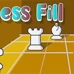 Bilde med sjakkbrikker, inkludert en hest, et tårn og en løper, på et rutemønster med ordene Chess Fill i fargerik skrift
