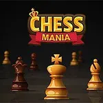 Sjakkbrikker i forskjellige farger er plassert på et mørkt underlag med teksten Chess Mania øverst i bildet