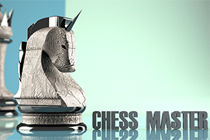 Sjakkhestbrikke i detalj med teksten Chess Master ved siden av på en blank overflate
