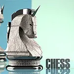 Sjakkhestbrikke i detalj med teksten Chess Master ved siden av på en blank overflate