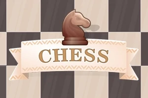 Et brun sjakkhest-brikke og teksten CHESS på en lys banner foran et sjakkbrettmønster