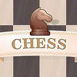 Et brun sjakkhest-brikke og teksten CHESS på en lys banner foran et sjakkbrettmønster