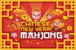 En fargerik illustrasjon med kinesiske nyttårselementer, inkludert grisen, blomster, lykkeamuletter og teksten Chinese New Year Mahjong