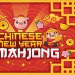 En fargerik illustrasjon med kinesiske nyttårselementer, inkludert grisen, blomster, lykkeamuletter og teksten Chinese New Year Mahjong