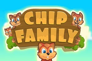 Fire søte ekorn titter fram rundt et stort treskilt med teksten Chip Family mot en blå bakgrunn