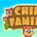 Fire søte ekorn titter fram rundt et stort treskilt med teksten Chip Family mot en blå bakgrunn