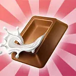 En brune rektangulær sjokoladebit med melk som spruter ut, mot en bakgrunn av rosa og hvite stråler