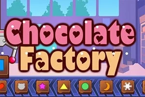Tekst Chocolate Factory i fargerike bokstaver mot en bakgrunn med maskiner og symbolknapper nederst