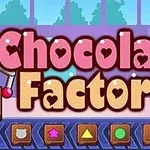 Tekst Chocolate Factory i fargerike bokstaver mot en bakgrunn med maskiner og symbolknapper nederst
