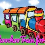 Fargerik tegneserie-tog med teksten Choochoo Train for Kids i et grønt landskap