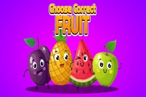 Fire frukter med ansikter og armer står på en lilla bakgrunn, med teksten Choose Correct Fruit over dem