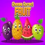 Fire frukter med ansikter og armer står på en lilla bakgrunn, med teksten Choose Correct Fruit over dem