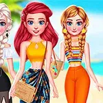 Tre animerte figurer med fletter i sommerantrekk står foran en strand