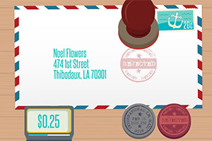 Konvolutt med avslagstempel, frimerke og adressen Noel Flowers, 474 1st Street, Thibodaux, LA 70301, samt et digitalt display som viser $0