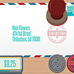 Konvolutt med avslagstempel, frimerke og adressen Noel Flowers, 474 1st Street, Thibodaux, LA 70301, samt et digitalt display som viser $0