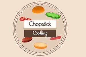 En sirkel med ulike ingredienser som en bolle, salat, tomater, kjøtt og brødskive rundt teksten Chopstick Cooking