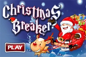 Julemotiv med nisse som sitter i en slede full av gaver, trukket av et reinsdyr, med teksten Christmas Breaker og en Play-knapp