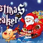 Julemotiv med nisse som sitter i en slede full av gaver, trukket av et reinsdyr, med teksten Christmas Breaker og en Play-knapp