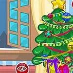 En illustrasjon av en kvinne i juleantrekk ved siden av et pyntet juletre med gaver