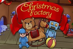 Tegneseriestil julefabrikk med bjørn, gyngehest, robot, babydukke og en ball
