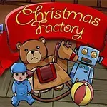 Tegneseriestil julefabrikk med bjørn, gyngehest, robot, babydukke og en ball