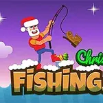 En animert figur med nisselue som fisker en slede over teksten Christmas Fishing