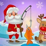 Julenissen og et reinsdyr med nisselue står på isen med en fiskestang og en fisk i en vinterlig bakgrunn med snøfnugg