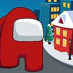 En stor rød figur med hvitt visir står midt i en snødekt bygate omgitt av julepyntede bygninger