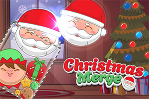 Tegninger av julenissen med nisselue, et pyntet juletre, og teksten Christmas Merge på en rød bakgrunn