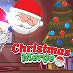 Tegninger av julenissen med nisselue, et pyntet juletre, og teksten Christmas Merge på en rød bakgrunn
