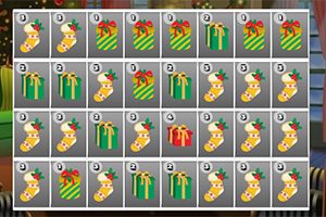 En rutenett med ikoner av julegaver og julestrømper med tall ved siden av
