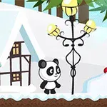 En panda står ved siden av en lyktestolpe i et vinterlandskap med snø, et hus og et sukkerstykke i bakgrunnen